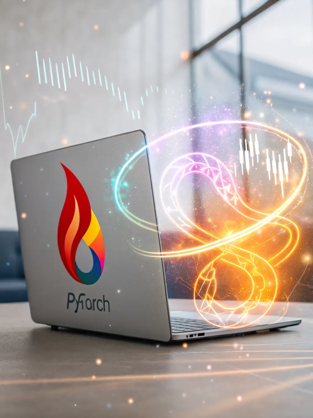 An artistic rendering of the PyTorch logo, emphasizing its dynamic computational graph and flexibility in research and development.