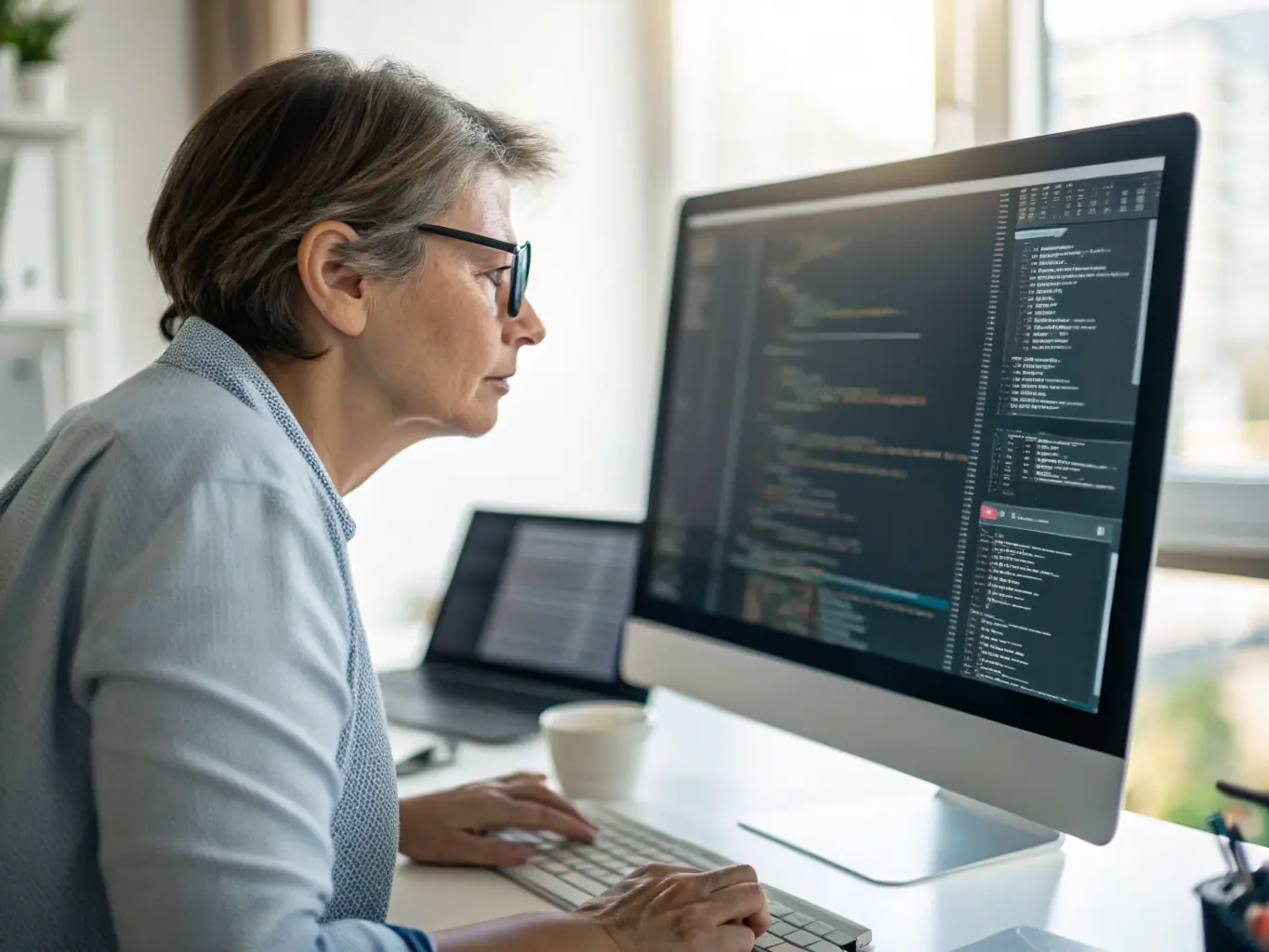 An image of a data scientist working on a complex AI model, surrounded by visualizations of data and algorithms, emphasizing the technical expertise behind the custom AI solutions.
