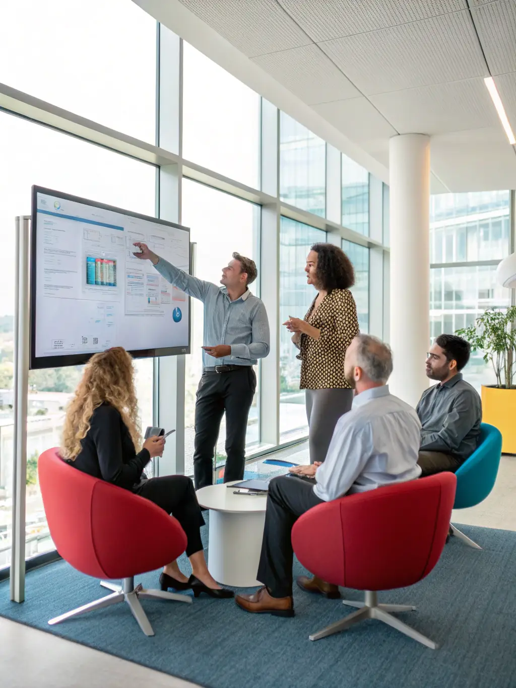 A photo of a diverse team brainstorming around a whiteboard filled with diagrams and notes, representing the initial consultation and ideation phase of the AI solution development process.