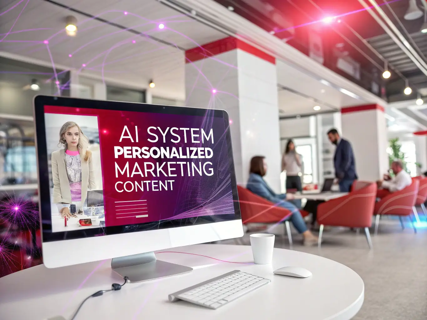 A visually striking image depicting a generative AI model generating diverse marketing content, such as ad copy, social media posts, and email campaigns, showcasing the power of AI in marketing automation.