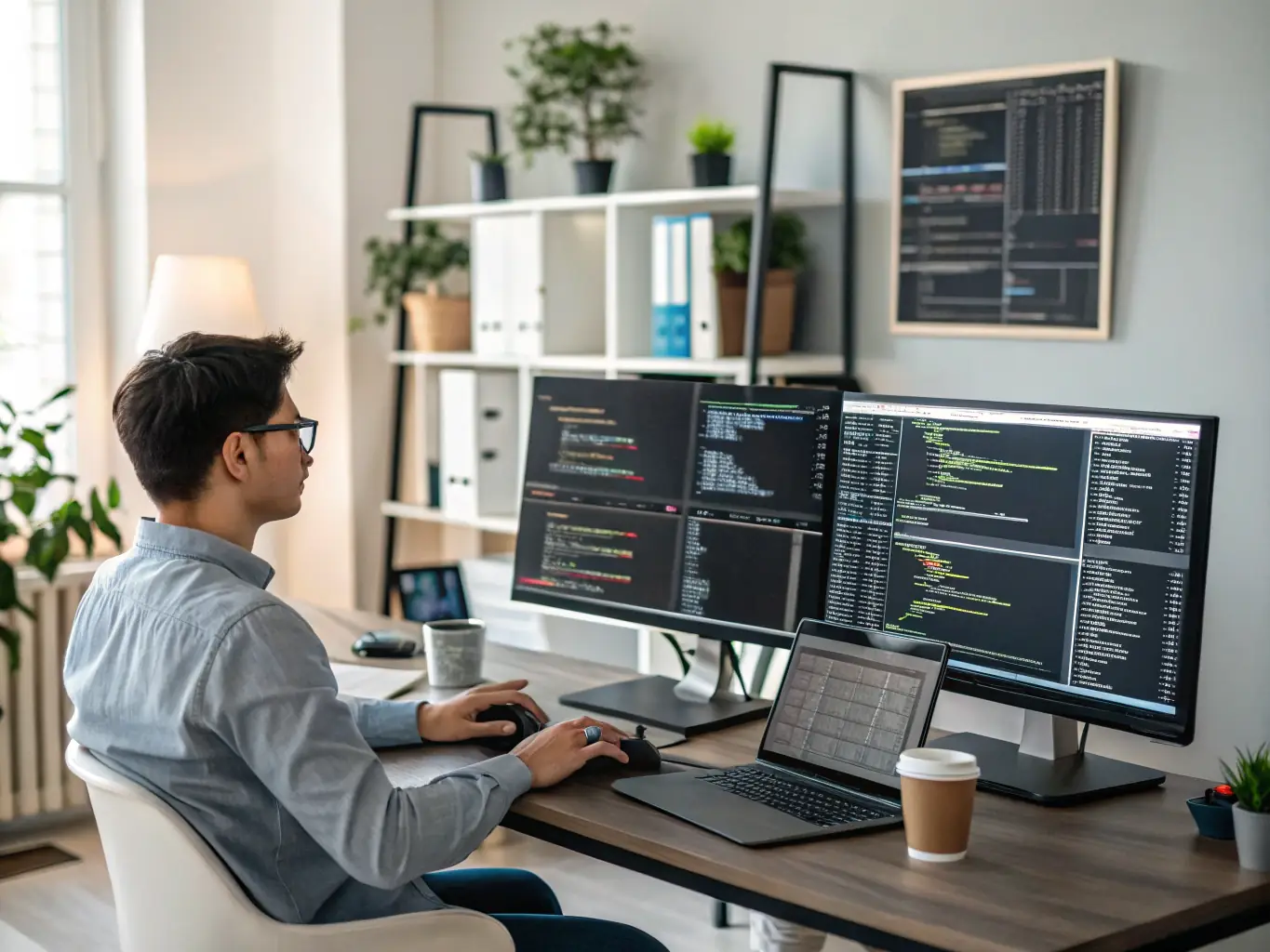A software engineer working on a complex code interface, highlighting the technical expertise involved in developing generative AI models.