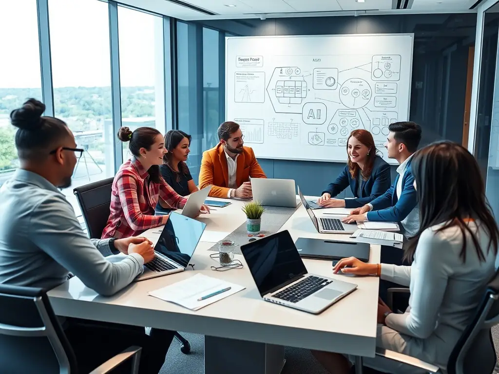 A diverse team of AI specialists collaborating around a table, brainstorming and sketching ideas on a whiteboard, representing the initial stages of solution design.